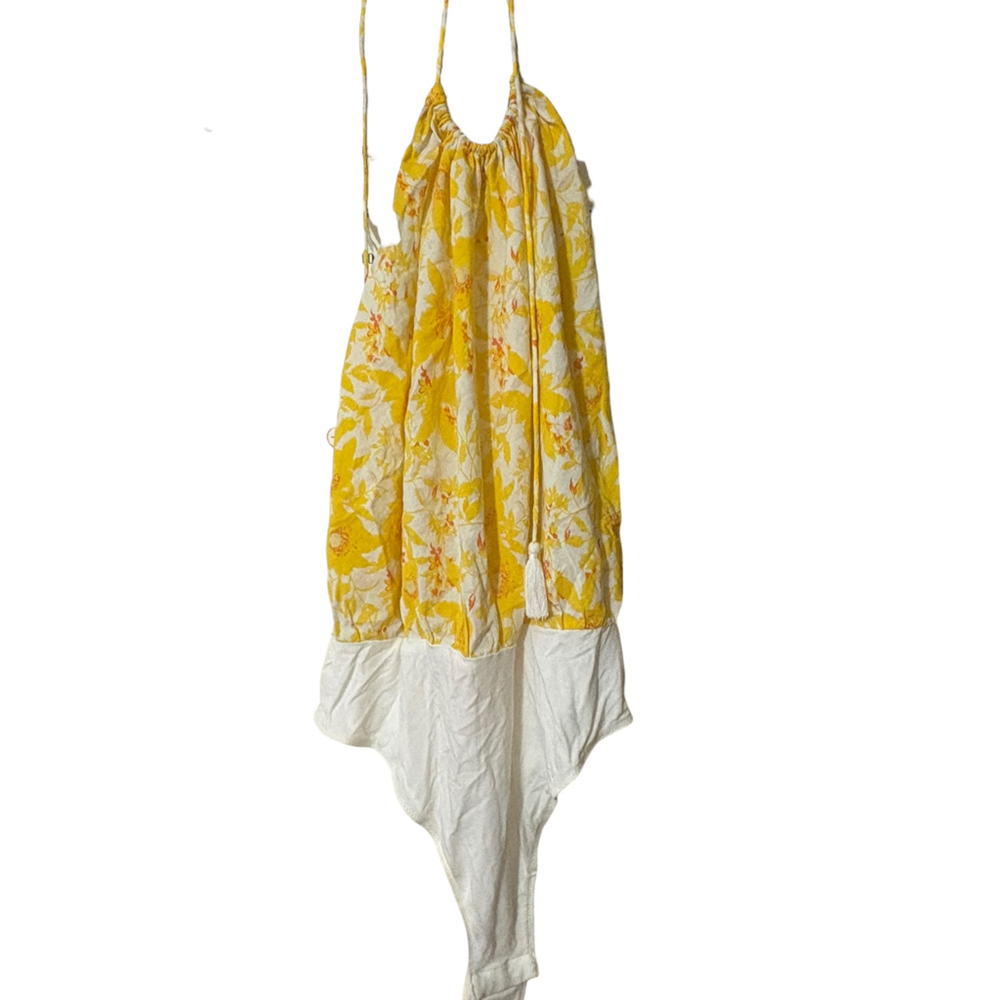 Free People Intimately Liza Yellow Floral Halter Bodysuit M